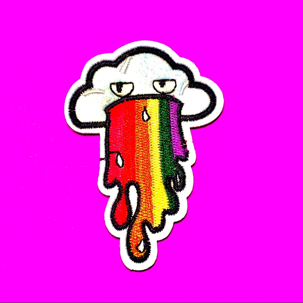 Cloud barfing rainbow w white border iron On patch